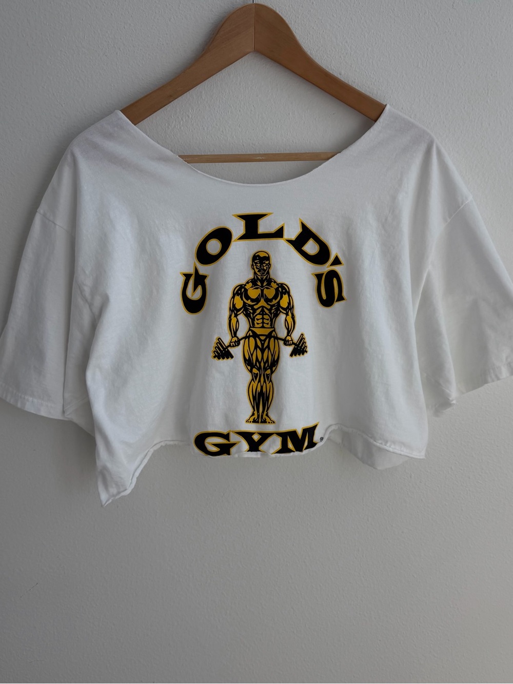 Gold's Gym white off the shoulder cropped tee